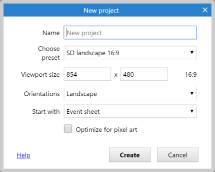 The New Project dialog