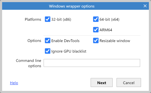 The Windows wrapper options dialog