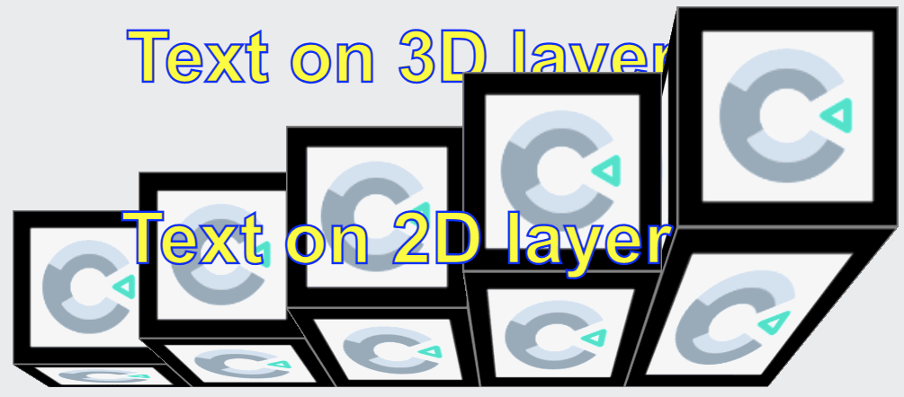 Demonstration of the effect of a 2D layer, with text objects on both 2D and 3D layers, illustrating how each overlaps 3D content