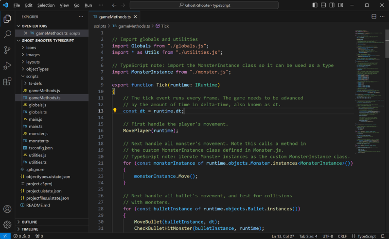 VS Code editing a Construct project using TypeScript code