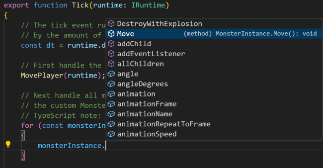 TypeScript autocomplete in VS Code, with the right list of suggestions based on type information.