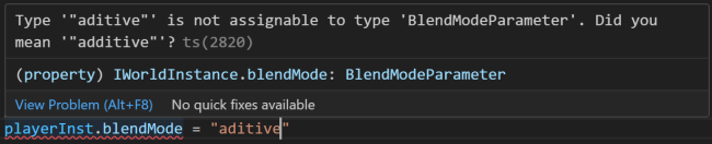 TypeScript identifying an error due to an invalid string assigned to the Sprite blendMode property.