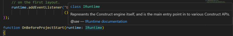 Help links to Construct's official documentation showing up in VS Code.