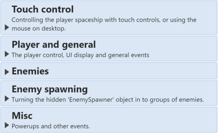 Some event groups from the Space Blaster game example in Construct 3