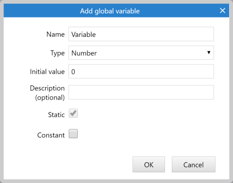 The Add/Edit Event Variable dialog, shown when adding a global variable