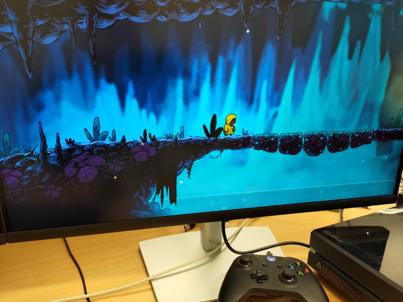 Construct's 'Cave bridge' demo running on an Xbox One at a silky smooth 60 FPS.