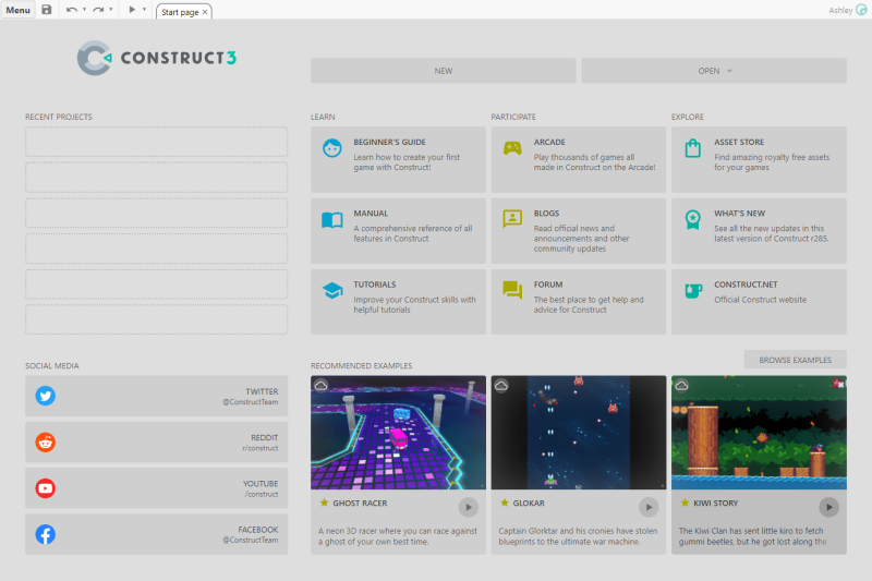 The Start Page in Construct
