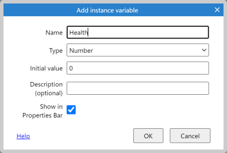 The add/edit instance variable dialog