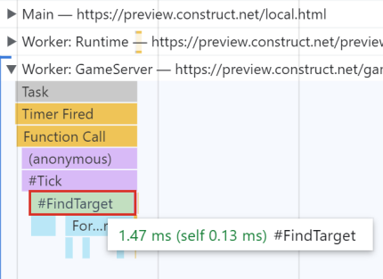 The Chrome DevTools performance profile of the GameServer thread with nothing happening in the game, after the collision cells optimisation for range checks.