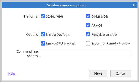 The Windows wrapper options dialog.