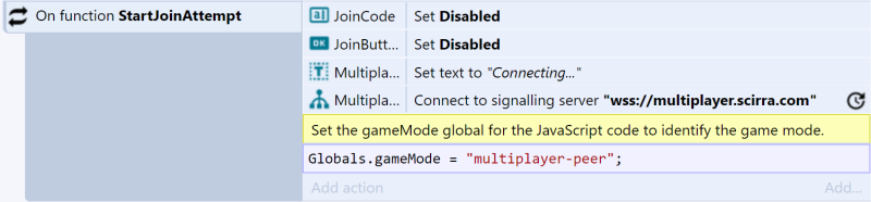 Using a snippet of JavaScript code in an event sheet to set the game mode.