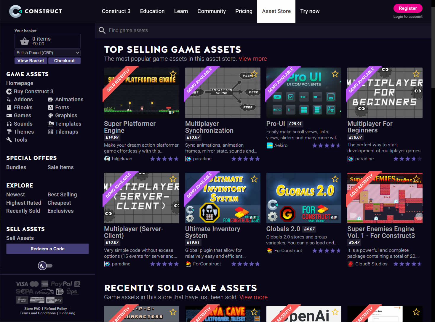 Our current asset store, allowing sellers to upload their assets and sell them through our system