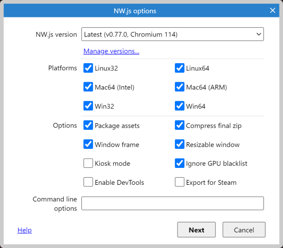 The NW.js options dialog