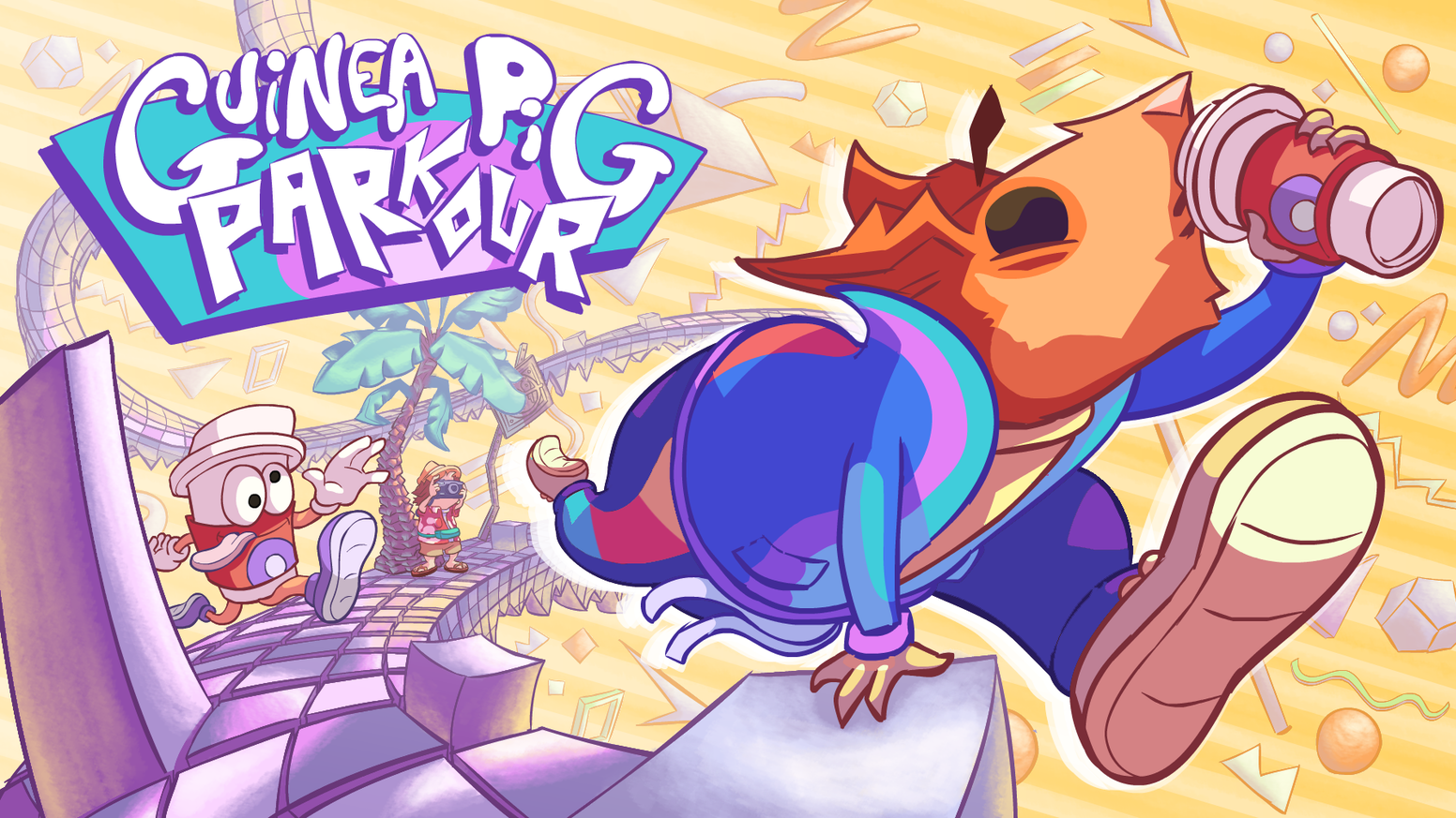 Colorful cartoon image of a guinea pig in a tracksuit performing parkour. The background features a dynamic design with geometric shapes and another character running behind. The text reads "Guinea Pig Parkour."