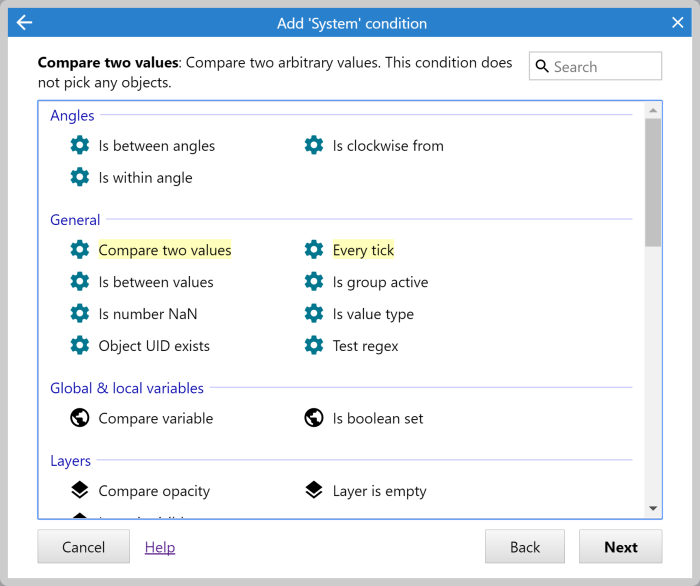 A list of System object conditions in the condition/action dialog