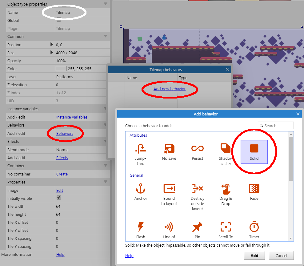 Make sure the Tilemap object is selected and add the Solid behavior to it.