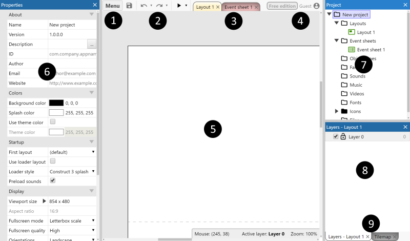 The Construct user interface