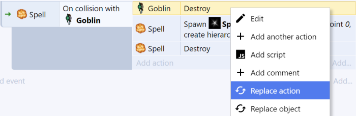 Replacing an action