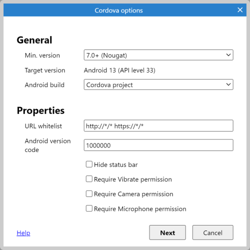 The Cordova options dialog