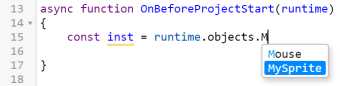 Autocompleting object names from the project while writing JavaScript code.