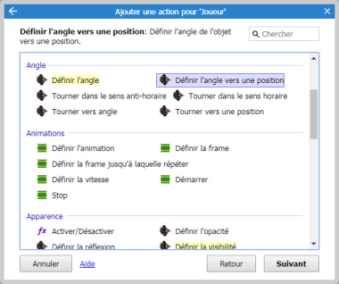 Les actions de l'objet Joueur