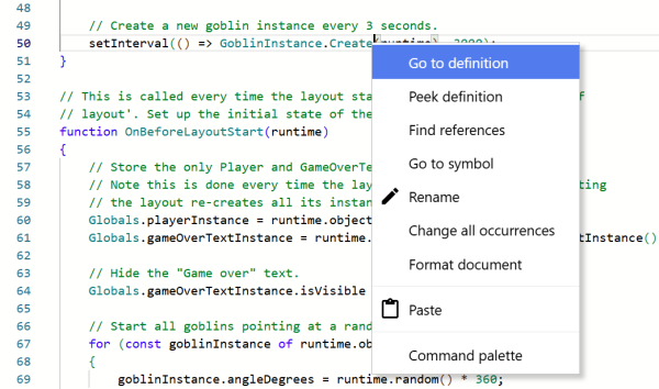 The context menu in the Monaco code editor