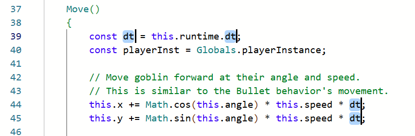 Using 'Change all occurrences' to edit the name 'dt' in multiple places.