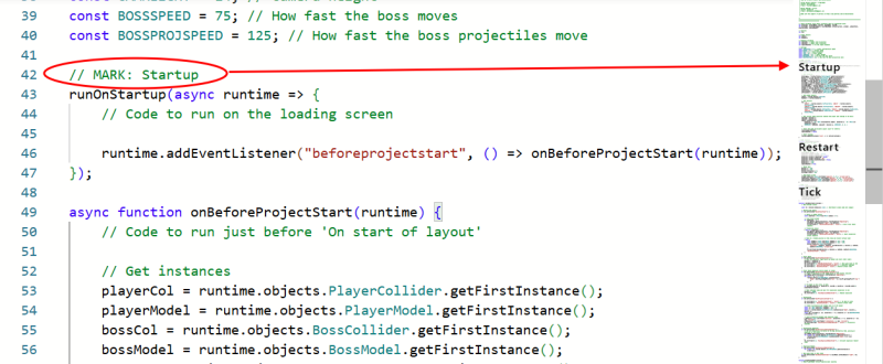 Using mark comments to add headers in the minimap.