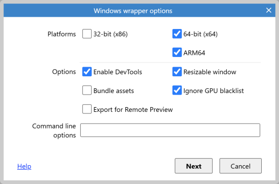 The Windows wrapper options dialog.