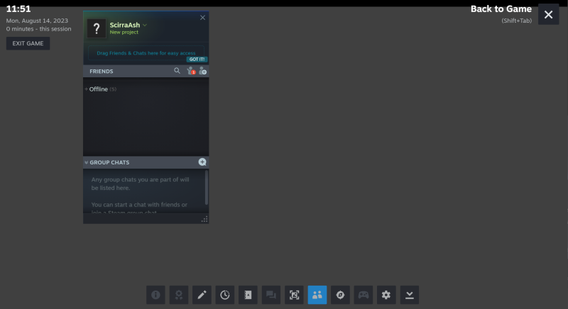 The Steam Overlay showing over a game running in Steam. Typically the game is still visible through a semitransparent background.