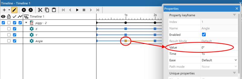 Directly editing the value of an angle property keyframe.