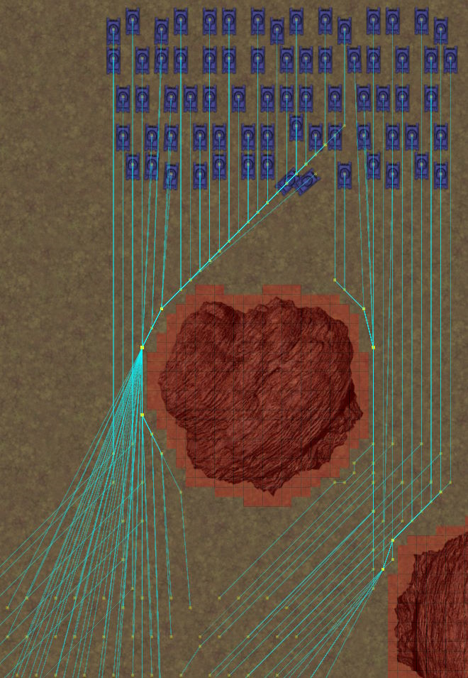 A potential bottleneck as many units try to go the same way.