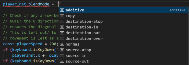 TypeScript autocompleting valid strings for the Sprite blendMode property.
