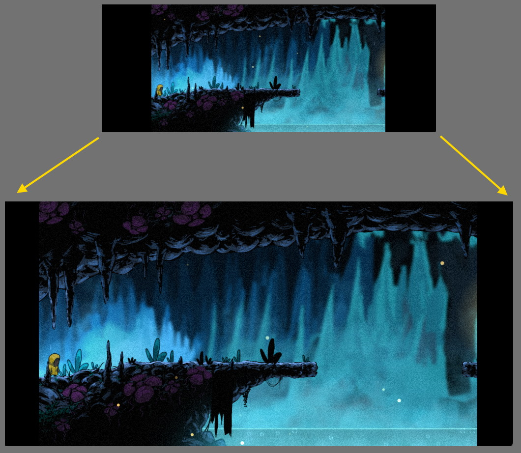 Letterbox scaling showing the 'Cave bridge' example at different sizes.