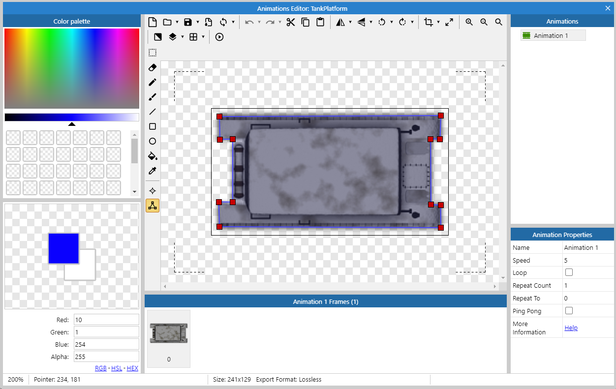 Setting up the collision polygon for a tank platform in Construct.