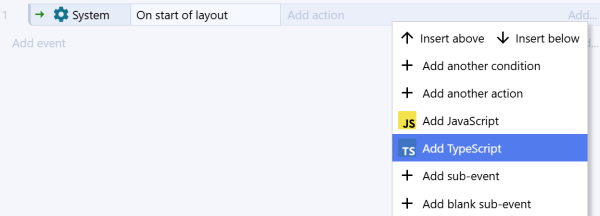 Adding TypeScript code as an action in an event sheet