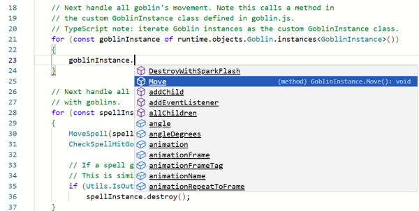 TypeScript autocomplete in Construct, with a precise list of suggestions based on type information.