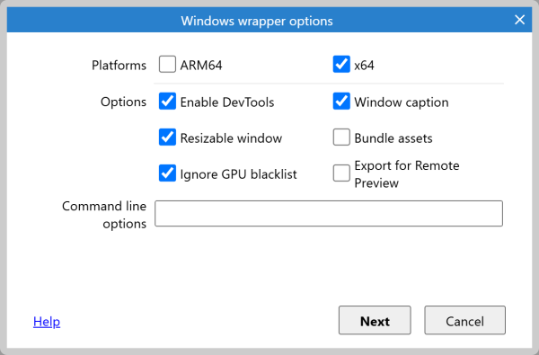 The Windows wrapper options dialog.