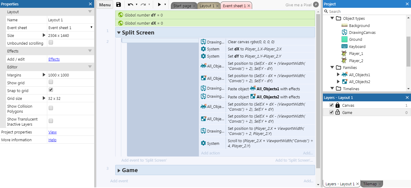 Event sheet - Split-screen for Construct 3; No addons
