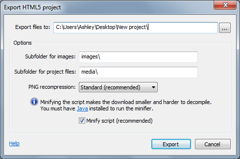 The Export Project dialog - Construct 2 Documentation
