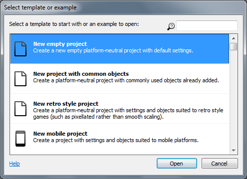 The Start dialog - Construct 2 Documentation