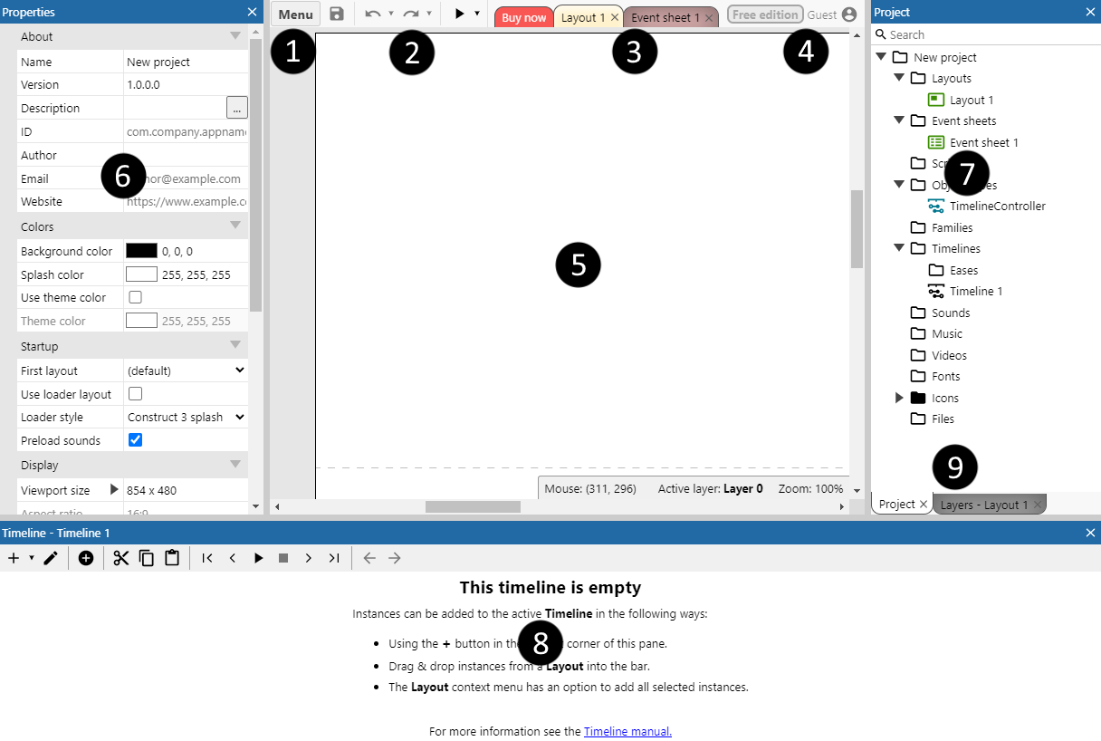Construct's interface - Construct Animate Documentation