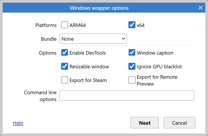 Windows wrapper options dialog - Construct 3 Documentation
