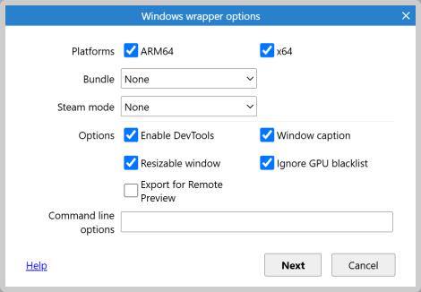 The Windows wrapper options dialog.