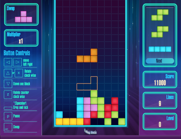 A screenshot of the game Tetris. Blocks fall from the top of the